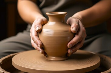 Hands crafts a vase on a potter's wheel using brown clay. Close-up of fingers shape the oval vase, creating a sense of motion and depth. Potter at work