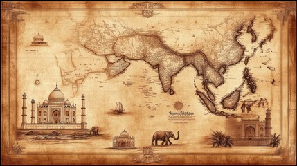 Antique Map Illustrating Asia Featuring The Taj Mahal