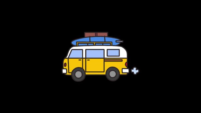 Traveling cartoon doodle hand drawing motion graphics clip template with colorful lights animation. HD resolution with hyper realistic 4K black Background.
