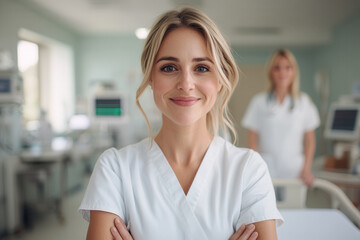 Fototapeta premium Confident female healthcare professional smiling in a bright modern hospital room, symbolizing care and expertise.