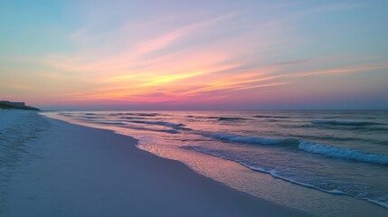 Beautiful sunset over calm ocean waves on a serene beach with soft sand and pastel skies in the early evening