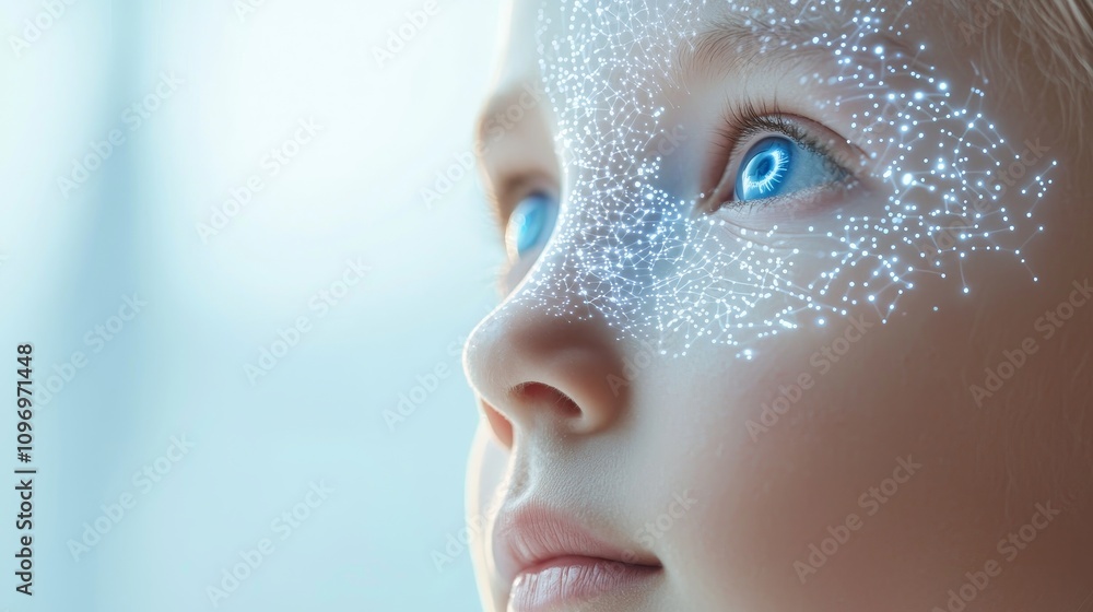 Poster conceptual image of a humandroid mother teaching in a futuristic environment with sparkling visual e