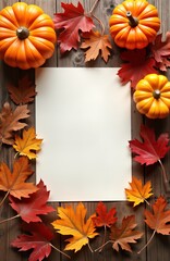 Blank card mockup Thanksgiving dinner invitation. Autumn leaves pumpkins surround paper. Wooden background. Fall harvest design template. Perfect for seasonal greetings. Holiday invitation