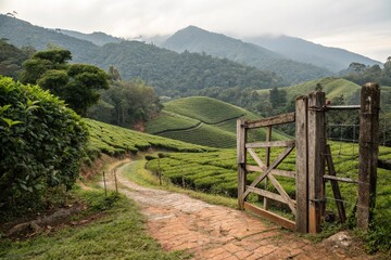 Fototapeta premium A rustic wooden gate leading to a secluded tea plantation surrounded by green hills, rolling landscape, peaceful scene, country roads, green hills