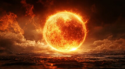 Fiery Celestial Body Rising Over a Turbulent Sea