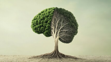 Unique tree artwork displays stark contrast between lush foliage and barren branches in a surreal landscape