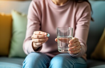 Young woman holds abortion pill, water glass. Sits sofa. Closeup view shows hand. Health care choice. Medication. Woman takes medicine. Female patient. Pregnancy decision. Unwanted pregnancy.