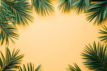 Fototapeta premium Flat-lay of green palm branches over yellow background, top view, copy space, wide composition. Summer vacation, travel or fashion concept