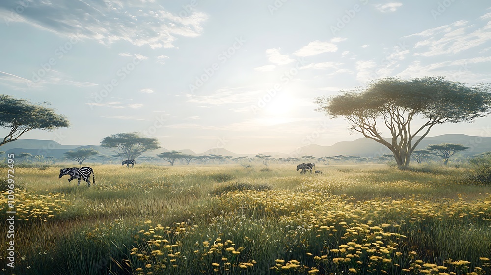 Poster a digital simulation of a grassland ecosystem highlighting species interactions and environmental dy
