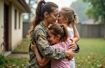 Soldier mom embraces two daughters. Family reunion. Childrens hug military woman. Home backyard. Warm welcome. Love. Tender moment. Happy family. Military mom. Army. Home. Emotional reunion. Kids.