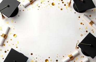 Graduation caps diplomas gold confetti on white background. Flatlay mockup design. Empty space text. Festive celebration. Perfect invitation card. Education success. Graduation party. Achievement