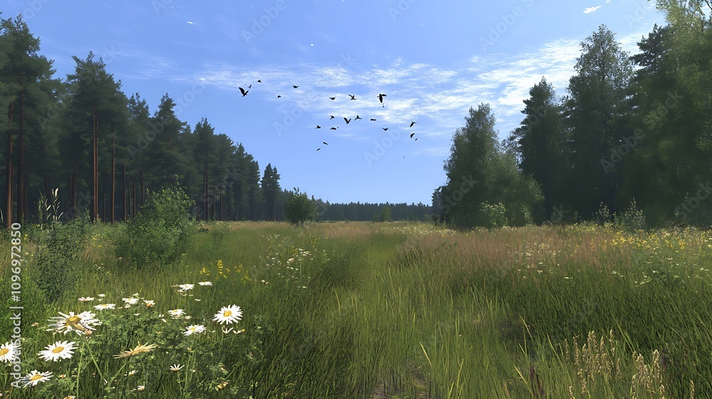 Poster a digital simulation of a grassland ecosystem highlighting species interactions and environmental dy