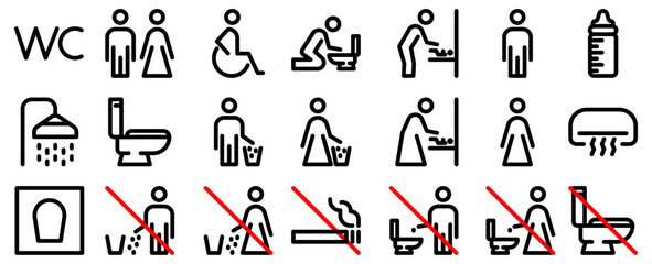 Fototapeta premium WC, toilet, restroom for male female or disabled person, bathroom or shower ,outline icon vector set. No smoking, no littering pictograms. Do not throw trash in toilet bowl sign. Editable Stroke. 