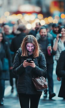 A woman is walking down a street with a cell phone in her hand, vertical. Surrounded by a crowd of people, bustling and busy scene.