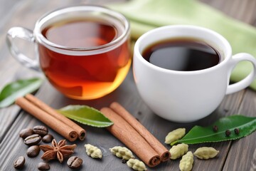 Coffee and tea cups resting on rustic wooden table with spices