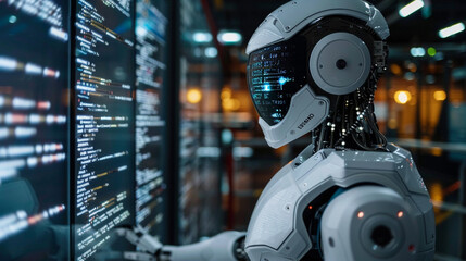 Fototapeta premium A cyborg robot standing in front of a big data screen staring analyzing Calculating information