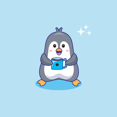 Cute Penguin Holding Coffee Cartoon Vector Illustration. Animal Nature Icon Concept Isolated Premium Vector.