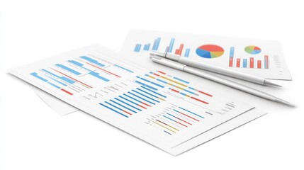 A close-up shot of a pair of silver pens on top of two financial reports with bar graphs and pie charts.