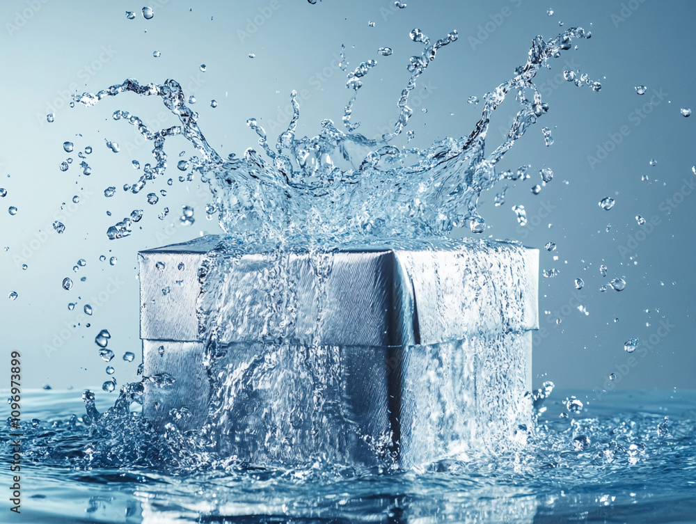 Poster water splashes dramatically around a silver cube in a serene blue environment