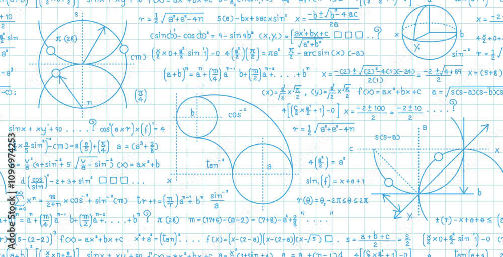 Wall mural seamless mathematical formulas and curves on white background.
