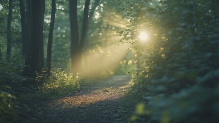 Obraz premium Sunbeams illuminate a forest path.
