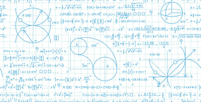 Seamless mathematical formulas and curves on white background.