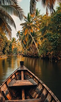 A boat is floating down a river with palm trees in the background, vertical