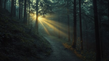 Obraz premium Sunbeams illuminate a misty forest path. (1)