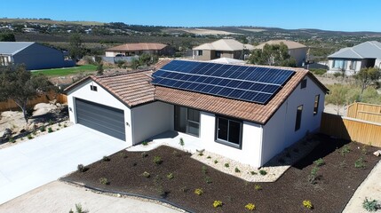 Solar Panels on Suburban Rooftop Under Bright Sunlight