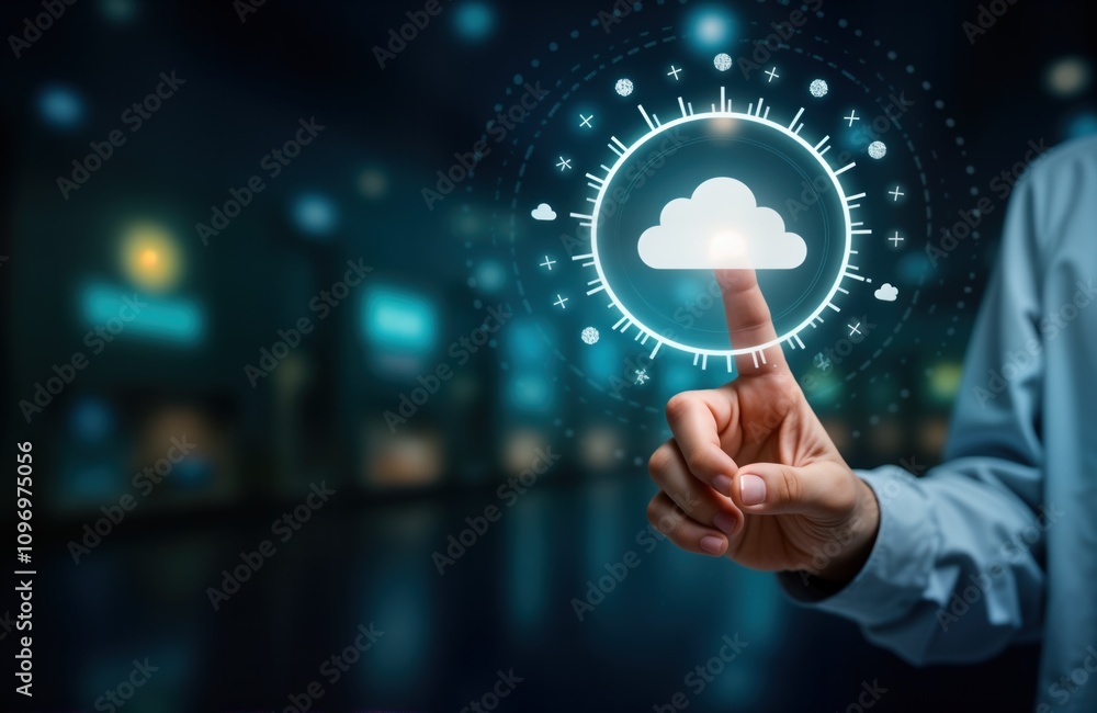 Poster Hand interacts with virtual weather app screen. Person uses finger to touch cloud icon. Digital display shows weather forecast. Modern tech concept. Climate change app. Weather data analysis.
