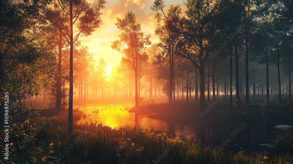 Poster a forest with a river and a sunset in the background