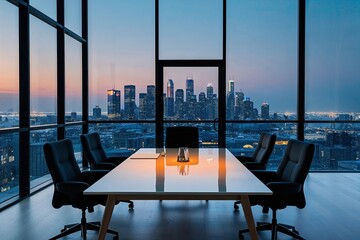 Fototapeta premium Contemporary Professional Office at Dusk with Urban Skyline for Corporate Presentations
