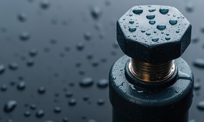 Close-up of a metallic bolt with water droplets on its surface, set against a dark background, highlighting texture and moisture.