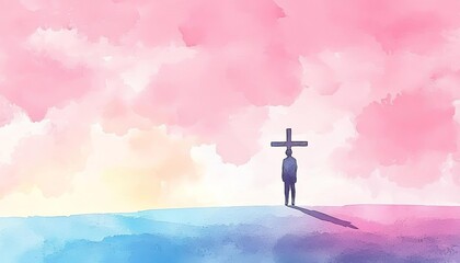 Obraz premium A silhouette of a person standing before a large cross against a vibrant sky.
