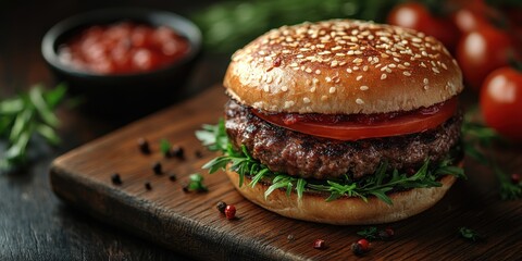 Juicy burger with lettuce and tomato. Fresh and hearty snack on a blurred background. Perfect banner design for fast-food visuals.
