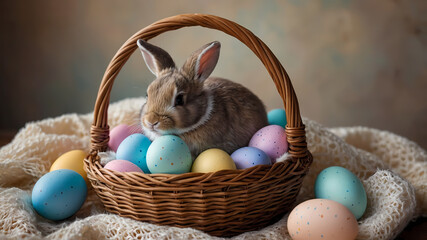 Cute bunny sitting in a basket filled with pastel colored Easter eggs on a textured background