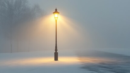 Obraz premium Solitary Lamppost in a Foggy Winter Landscape