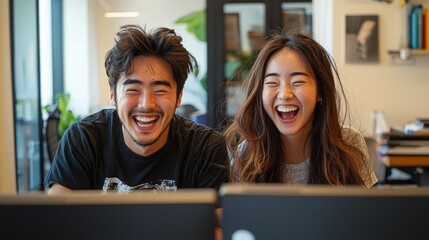Employee worker laughing at loud, feeling happy
