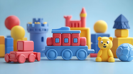 3D Render Toy Train and Blocks Background