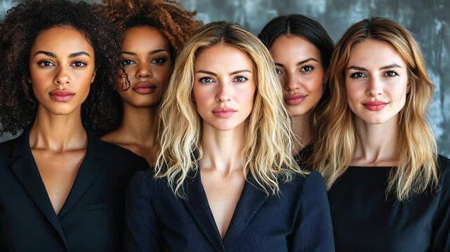 Five women stand shoulder to shoulder, showcasing diverse beauty and unity