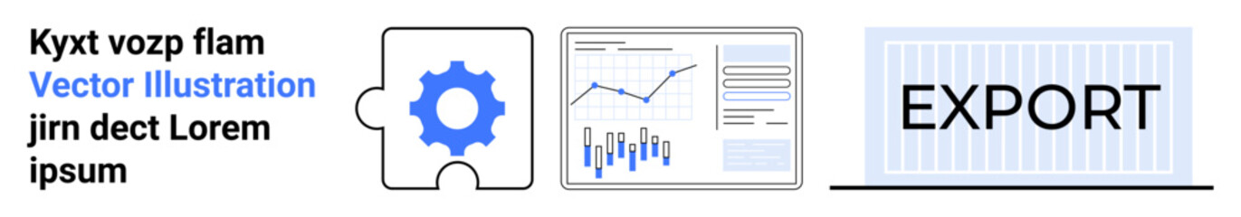 Gear within puzzle piece, bar and line graph, and EXPORT text highlight integration, data analysis, and commerce. Ideal for business, data analytics, exports, integration, problem-solving, logistics