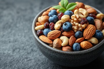 Plate with almonds, cashews, walnuts, and blueberries. A wholesome and nutritious snack option. Vibrant banner design with space for text.
