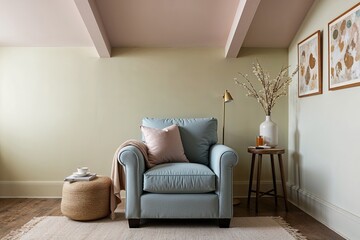 Serene Loft with Cozy Armchair and Soft Pastel Wall Background