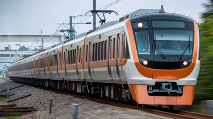 Fototapeta premium Express train traveling along tracks in a suburban area during overcast weather