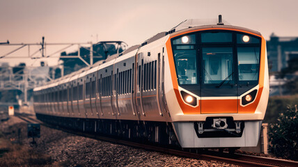 Obraz premium Modern train travels along the tracks through a city landscape during the late afternoon