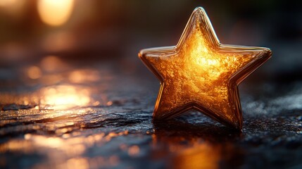 Golden Star Glows at Sunset on Dark Surface