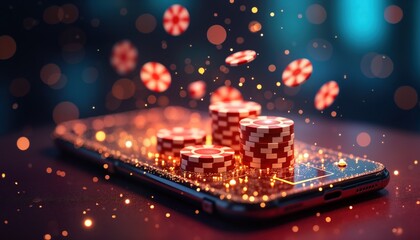 Smartphone displays online casino game. Casino chips on screen. Mobile gambling app. Virtual poker roulette blackjack. Live betting. Crypto payments. Trendy tech. Personalized experience. User plays.