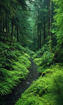A forest path is shown in a lush green forest. Jungle path.