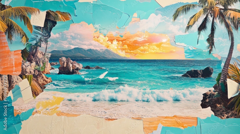 Poster a collage of a beach scene with a palm tree in the foreground