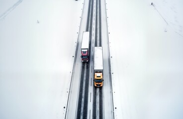 Two trucks drive highway. Cargo trailers covered snow. Winter storm. Road slippery. Poor visibility. Freight transport. Countryside. Dangerous conditions. Delivery delay.